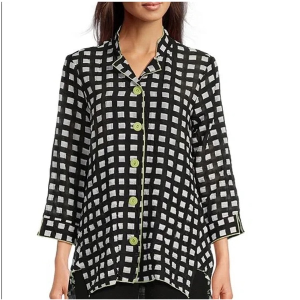 Ali Miles Tunic Top 2X ? Artsy Sharkbite Hem Black White Button Up Contemperara